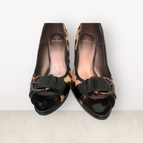 Isola Cheetah Pattern (Dyed Horse Hair) Buckle Open Toe Black Heels 9M - Picture 4 of 10